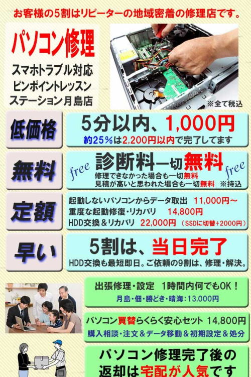 ステーション月島店　中央区のパソコン修理　特徴　低価格　5分以内、1,000円